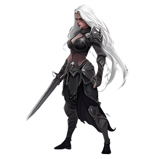 dark fantasy human female warrior ,realistic body size, white long hair ,fight stance face sideways