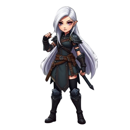 dark fantasy human female warrior ,realistic body size, white long hair ,smaller head,fight stance face sideways