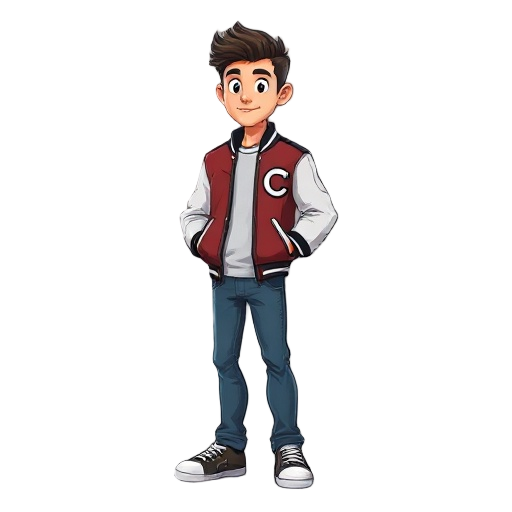 side scrolling character in varsity jacket and jeans side view