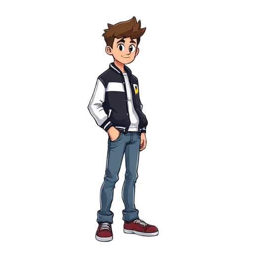 side scrolling character in varsity jacket and jeans side view
