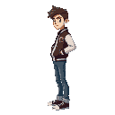 side scrolling character in varsity jacket and jeans side view