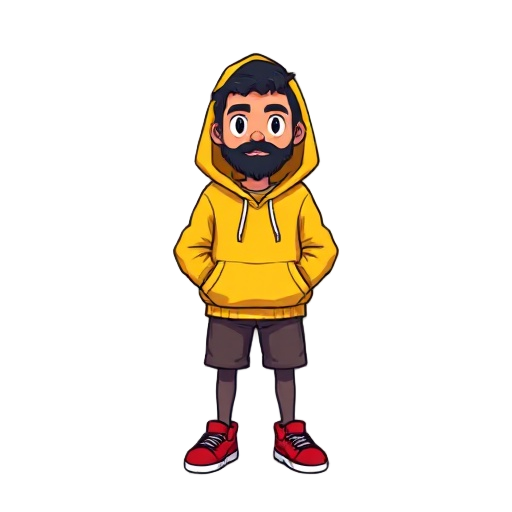  he has a short black beard, wears a yellow hoodie (hood down), red shoes, and  very short dark legs.  minimal shading, bright colors, 8-bit game boy aesthetic. transparent background.