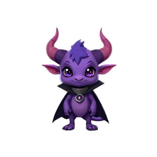 small purple creature with horns and a cape black and an iron collar