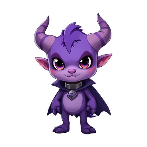 small purple creature with horns and a cape and an iron collar