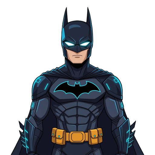  batman in futuristic black armor with glowing neon blue highlights. front-facing stance, arms slightly apart, cyan visor, bat emblem, cape trim, and gauntlets