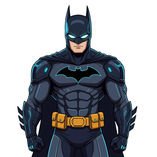  batman in futuristic black armor with glowing neon blue highlights. front-facing stance, arms slightly apart, cyan visor, bat emblem, cape trim, and gauntlets. his helmet covers his entire head