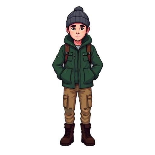 the hiker is represented as a mid-sized pixel character, wearing a forest-green jacket with visible pixel scuffs, khaki cargo pants with slightly torn knees, and dark brown hiking boots. a gray beanie alternates between frames with a flicker effect