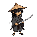  weathered ronin with messy long black hair, wearing a tattered gray kimono, straw hat on back, serious and wise expression holding only one katana, japanese edo era style