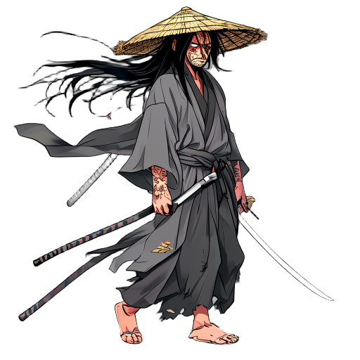  weathered ronin with messy long black hair and facial scars, wearing a tattered gray kimono, straw hat on back, dual katanas, barefoot, serious and wise expression, walking forward with wind-blown clothing, japanese edo era style
