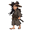  weathered ronin with messy long black hair and facial scars, wearing a tattered gray kimono, straw hat on back, katana, barefoot,walking forward with wind-blown clothing, japanese edo era style