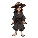  weathered ronin with messy long black hair and facial scars, wearing a tattered gray kimono, straw hat on back, katana, barefoot,walking forward with wind-blown clothing, japanese edo era style