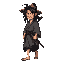  weathered ronin with messy long black hair and facial scars, wearing a tattered gray kimono, straw hat on back, dual katanas, barefoot, serious and wise expression, walking forward with wind-blown clothing, japanese edo era style