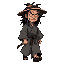  weathered ronin with messy long black hair and facial scars, wearing a tattered gray kimono, straw hat on back, serious and wise expression, walking forward with wind-blown clothing, japanese edo era style