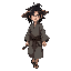  weathered ronin with messy long black hair, wearing a tattered gray kimono, straw hat on back, serious and wise expression, walking forward with wind-blown clothing, japanese edo era style