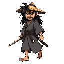  weathered ronin with messy long black hair and facial scars, wearing a tattered gray kimono, straw hat on back, dual katanas, barefoot, serious and wise expression, walking forward with wind-blown clothing, japanese edo era style