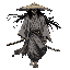  weathered ronin with messy long black hair and facial scars, wearing a tattered gray kimono, straw hat on back, dual katanas, barefoot, serious and wise expression, walking forward with wind-blown clothing, japanese edo era style