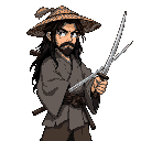  weathered ronin with messy long black hair, wearing a tattered gray kimono, straw hat on back, serious and wise expression ,holding his katana on his left hand pointing downwards ,  , japanese edo era style