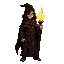 a dark sorcerer character in a classic rpg cartoon style, inspired by dark souls. he wears a tattered black robe with glowing red runes, a hood that shadows his face, and holds a tall, ancient staff with a large, radiant magical orb at the tip emitting bl