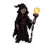 a dark sorcerer character in a classic rpg cartoon style, inspired by dark souls. he wears a tattered black robe with glowing red runes, a hood that shadows his face, and holds a tall, ancient staff with a large, radiant magical orb at the tip emitting bl