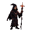 a dark sorcerer character in a classic rpg cartoon style, inspired by dark souls. he wears a tattered black robe with glowing red runes, a hood that shadows his face, and holds a tall, ancient staff with a large, radiant magical orb at the tip emitting bl