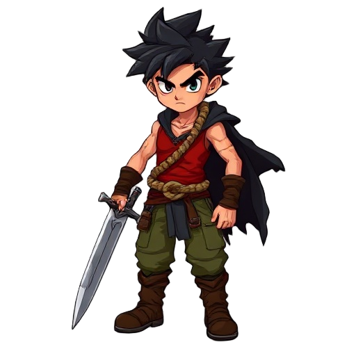 a fierce young warrior with wild, spiky black hair and a serious expression. he wears a sleeveless red shirt, green cargo pants, and rugged brown boots. a dark, tattered cloak flows behind him, and a braided rope belt ties his outfit together. he holds a 