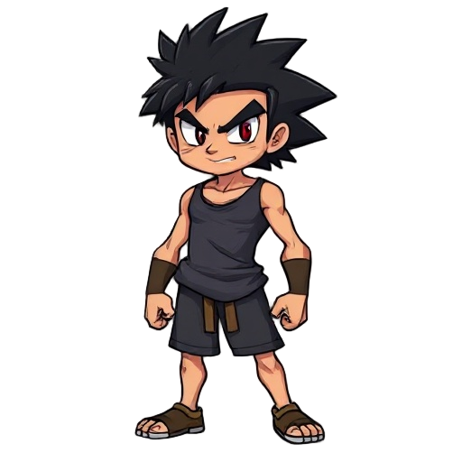 kaen is a powerful and intimidating figure with a fierce, determined expression and a lean, muscular build that reflects both youth and combat experience. his wild, spiky black hair radiates intensity, giving him a raw, untamed presence. he wears a sleeve