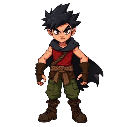 a fierce young warrior with wild, spiky black hair and a serious expression. he wears a sleeveless red shirt, green cargo pants, and rugged brown boots. a dark, tattered cloak flows behind him, and a braided rope belt ties his outfit together.