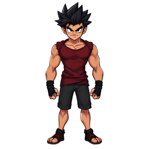 kaen is a powerful and intimidating figure with a fierce, determined expression and a lean, muscular build that reflects both youth and combat experience. his wild, spiky black hair radiates intensity, giving him a raw, untamed presence. he wears a sleeve