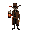 wild west undertaker holding a glowing red lantern. wears hat and brown coat, face shadowed. idle pose, no background, minimal palette, fiery glow on lantern.