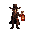 wild west undertaker holding a glowing red lantern. wears hat and brown coat, face shadowed. idle pose, no background, minimal palette, fiery glow on lantern.