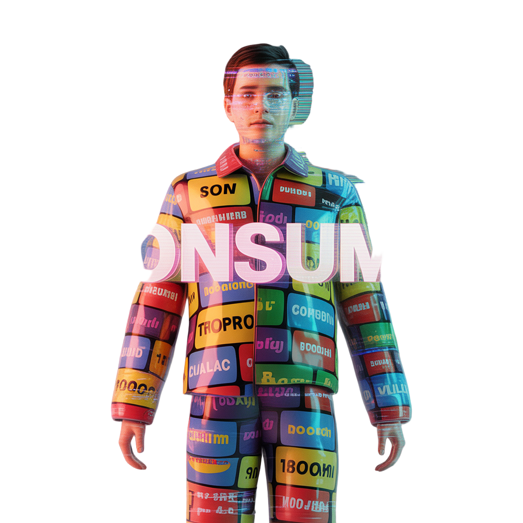 he is a walking billboard, covered in flashing, stylized led screens and holographic projectors displaying low-fidelity advertisements. his clothing is cheap, synthetic, and covered in corporate logos. his face is hidden behind a permanent, forced hologra