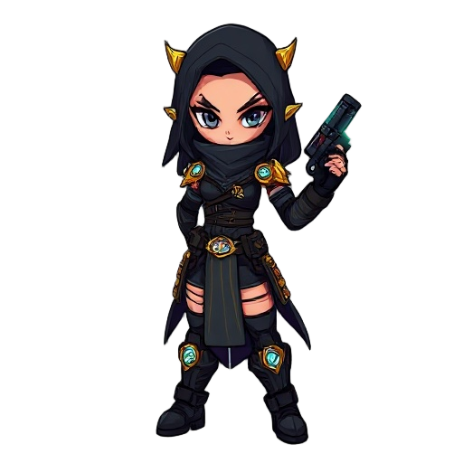 pixel  she wears dark, stylized combat gear interwoven with ancient, symbolic protective charms and glowing digital talismans. her face is determined, with sharp, intense eyes, perhaps enhanced with implants designed to 'see' digital entities. she carries