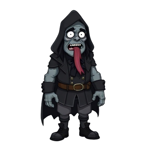 a heavy set man, grey skin, white eyes, zombie like, mouth open with long tongue, he wears a hooded black cape, long black hair, a colonal uniform black, black jabot, gray gloves, buckled shoes, 