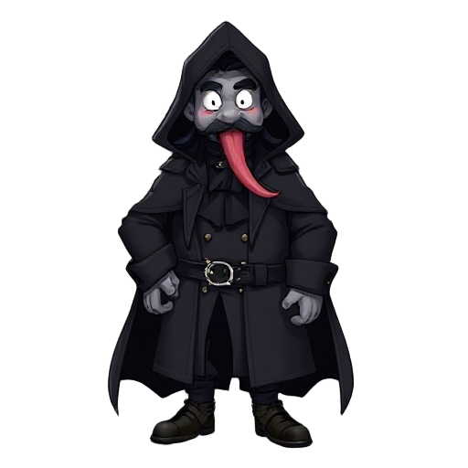 chubby, man, grey skin, white eyes,  long tongue, hooded black cape, black long coat with sleeves, long black hair, a colonal uniform black, black jabot, gray gloves, buckled shoes, 