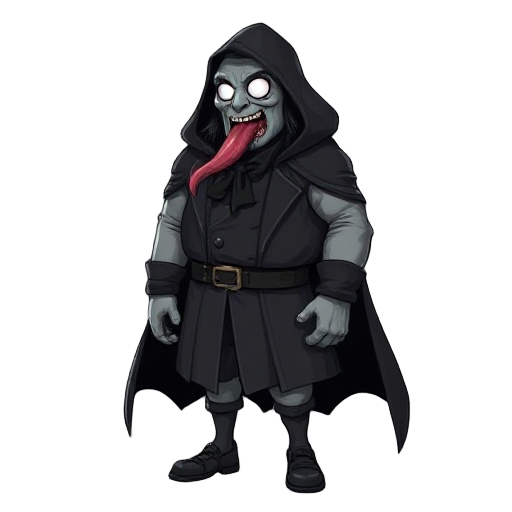chubby, man, grey skin, white eyes, zombie like, mouth open with long tongue, hooded black cape, black long coat long black hair, a colonal uniform black, black jabot, gray gloves, buckled shoes, 