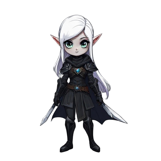 a female dark elf rogue armor, white hair, grey skin, black armor