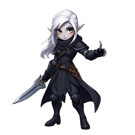 full body, fighting sprite, realistic proportions, a female dark elf rogue armor, white hair, grey skin, black armor
