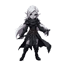 full body, fighting sprite, realistic proportions, a female dark elf rogue armor, white hair, grey skin, black armor