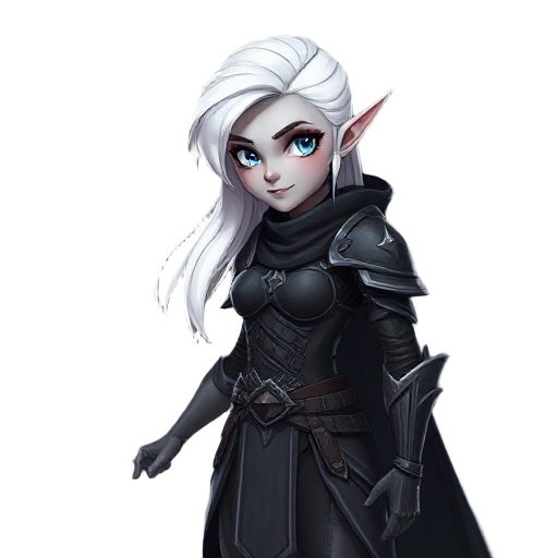 realistic proportions, a female dark elf rogue armor, white hair, grey skin, black armor