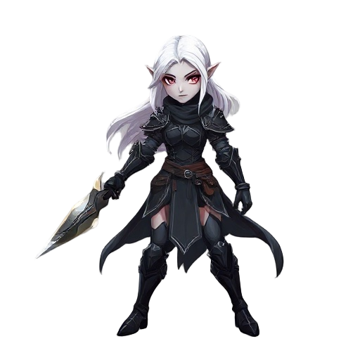 full body, fighting sprite, realistic proportions, a female dark elf rogue armor, white hair, grey skin, black armor