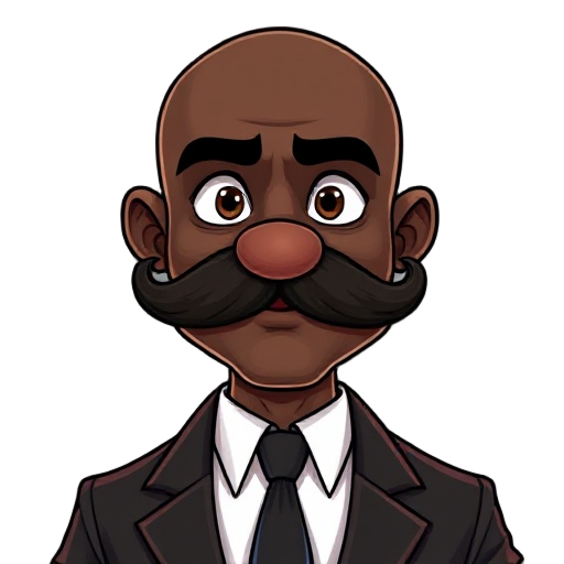 a bald black character with a big boxing mustache wearing formal clothes, he is around 40 years old