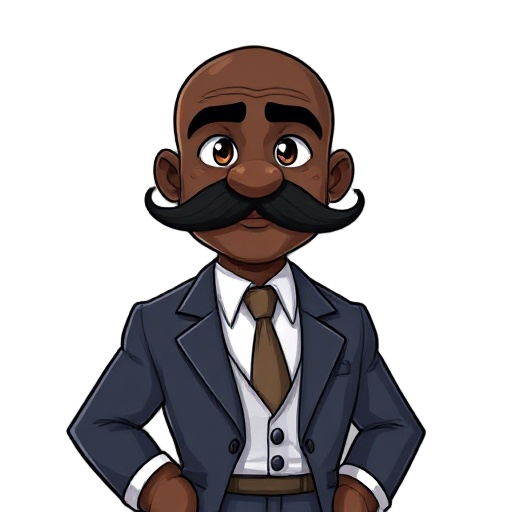 a bald black character with a big  mustache, e is a boxe figther wearing formal clothes, he is around 40 years old