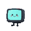 volumetric monitor with dark case, has a cute face on the screen, has small hands and feet