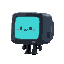 minimalistic volumetric monitor with dark case, has a cute face on the screen, has small hands and feet