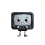 volumetric monitor with dark case, has a cute face on the screen, has small hands and feet