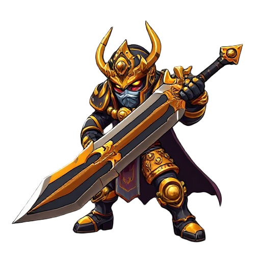 palidin fighter holding a buster sword, fighting stance, huge weapon, materpiece, ultra detailed, heavily armored gold accents, adorned with skulls, helmet and visor, ornate sword, fiery hues, black g