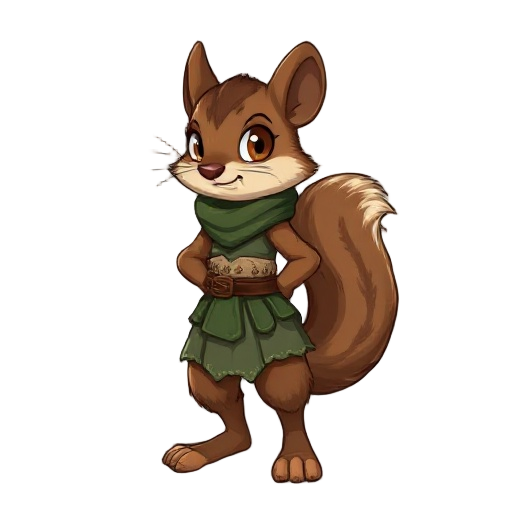 create a female squirel, that uses druid clothing and no weapons, barefeet and barehand. make her fluffy and brown, green clothing.