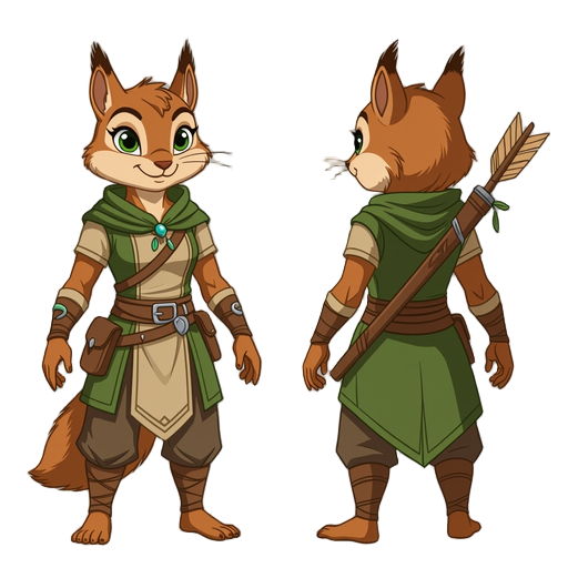 create a female squirel, that uses druid clothing and no weapons, barefeet and barehand.