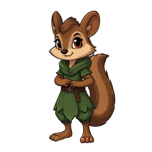 create a female squirel, that uses druid clothing and no weapons, barefeet and barehand. make her fluffy and brown, green clothing.