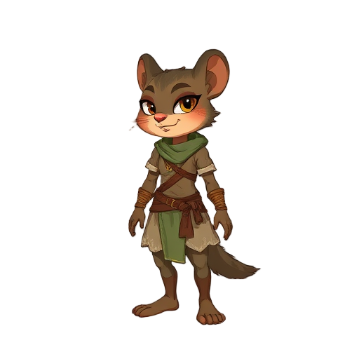 create a female squirel, that uses druid clothing and no weapons, barefeet and barehand.